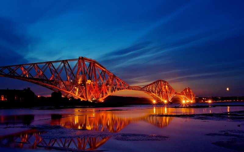 Forth Bridge at Dusk — Blue, Dramatic, Night, Photograph, Moon, River
