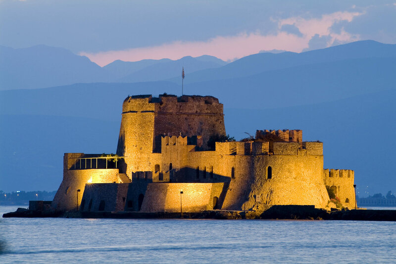 Fortress on an island at dusk