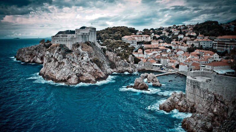 Fortress on Rocky Coast — Blue, Dramatic, Photograph, Town, Sea