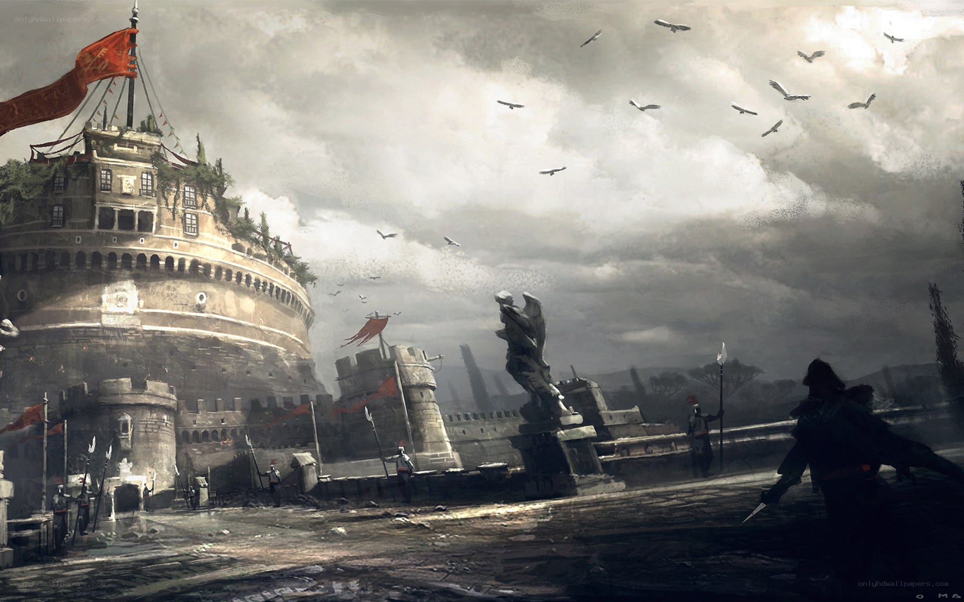 Fortress under stormy sky
