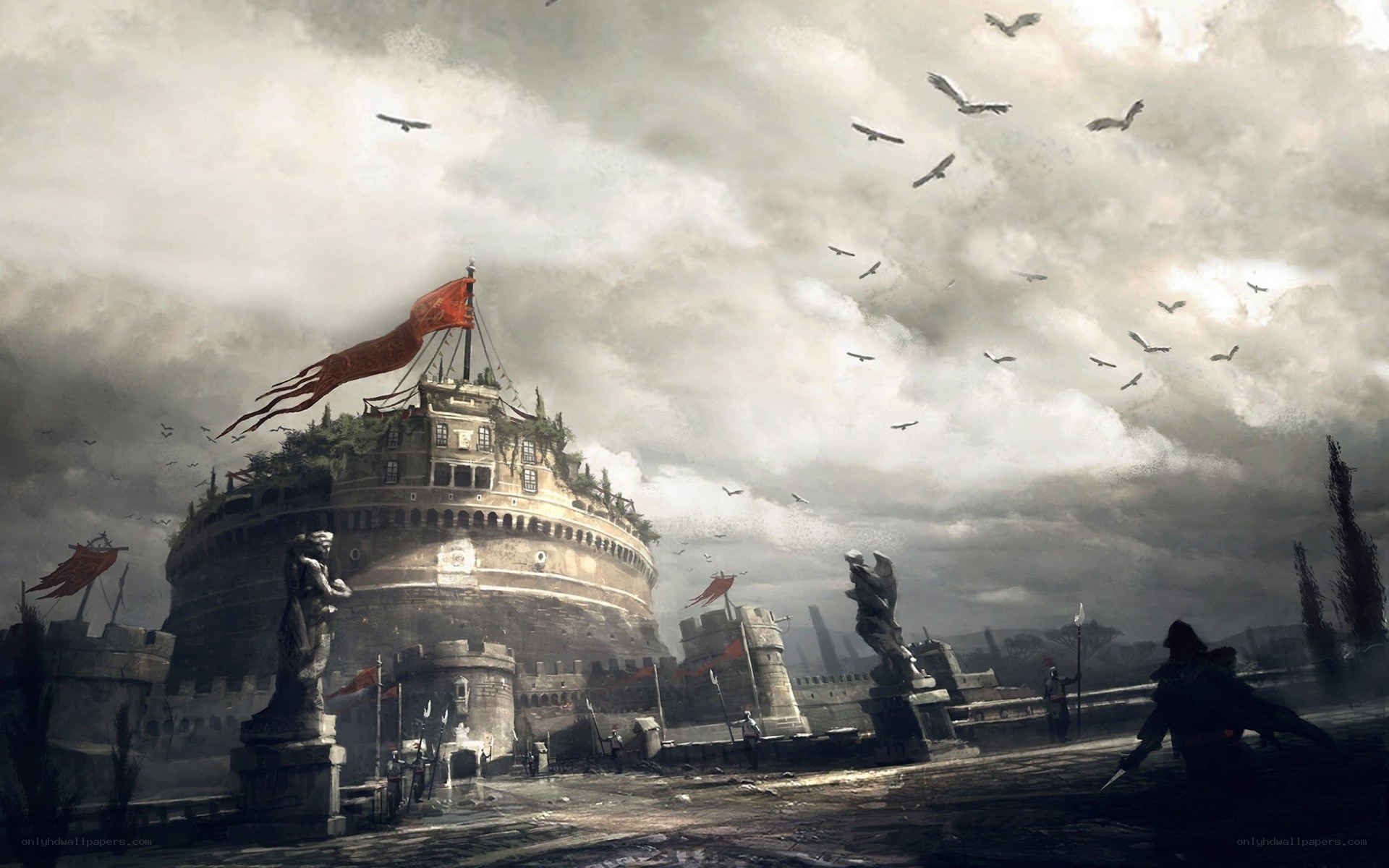 Fortress under stormy sky