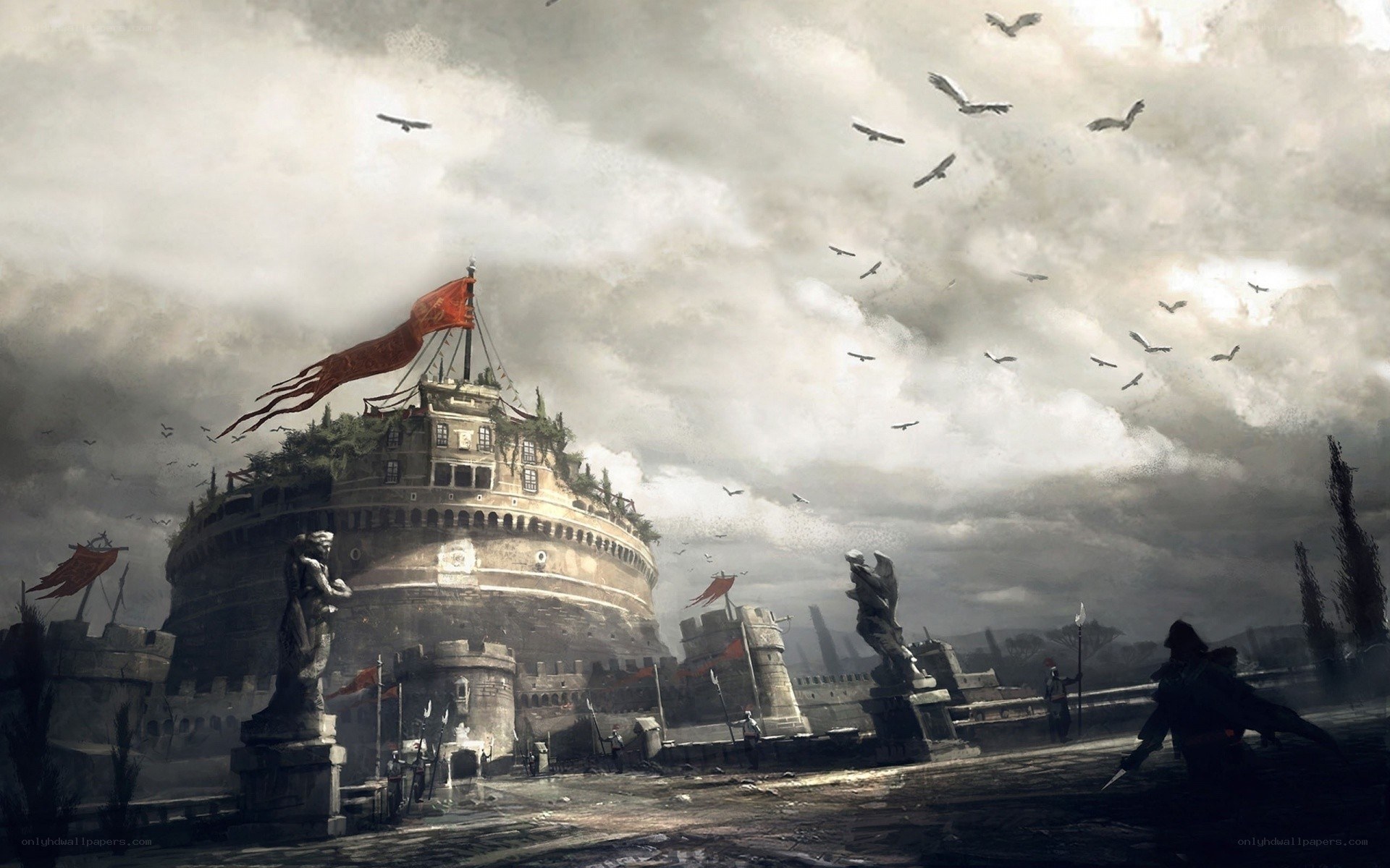 Fortress under stormy sky