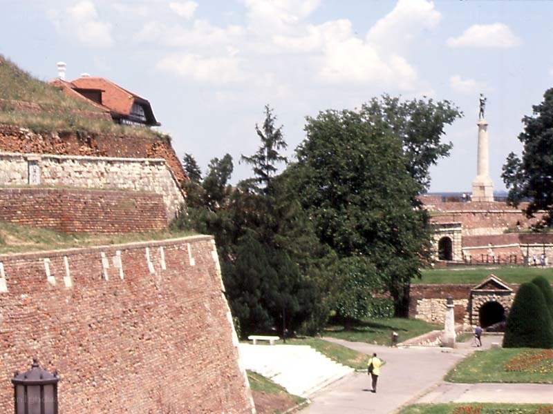 Fortress with monument in background
