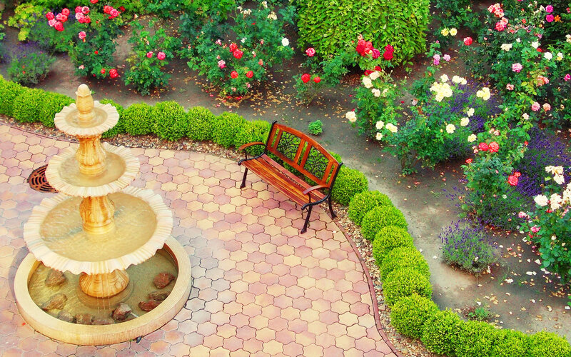Fountain and Bench in Garden