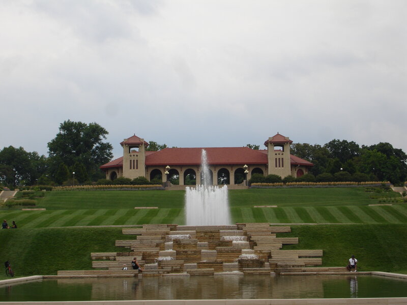 fountain and building in park
