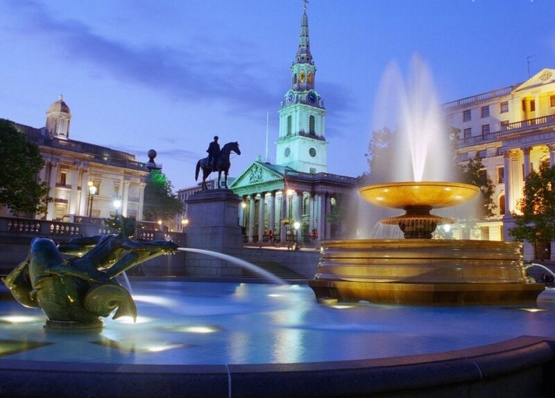 Fountain and Church at Night