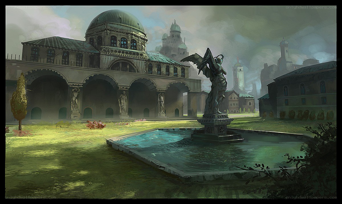 fountain in a grand courtyard