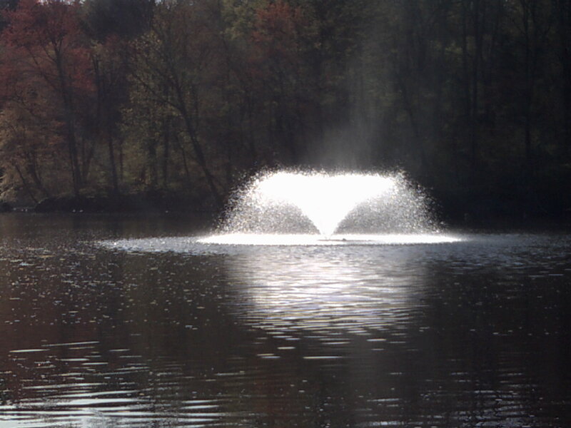 Fountain in a lake at dusk