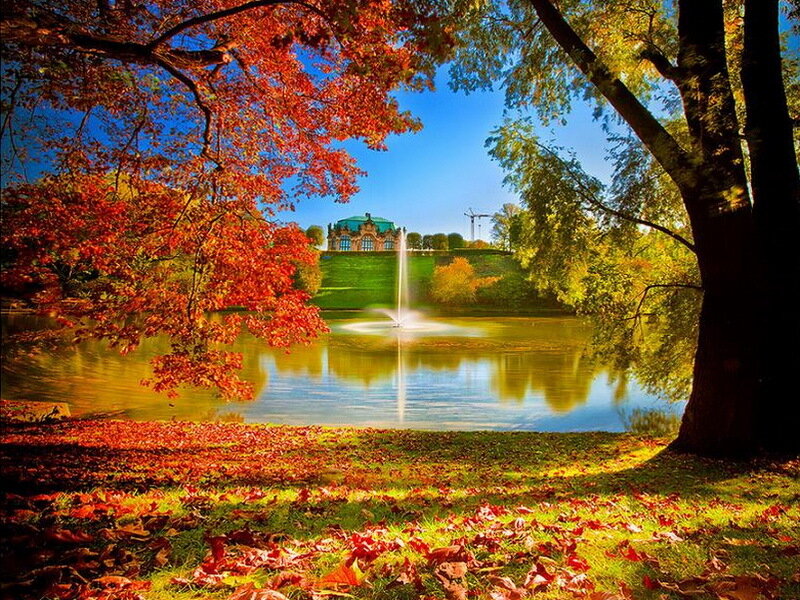 Fountain in Autumn Park — Red