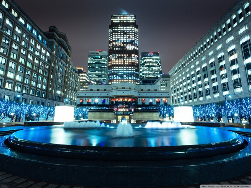 Fountain in City Square — Blue, Dramatic, Night, Photograph