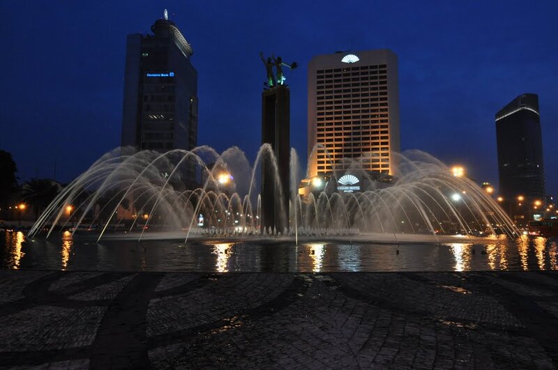 Fountain in City Square — Blue, Dramatic, Night