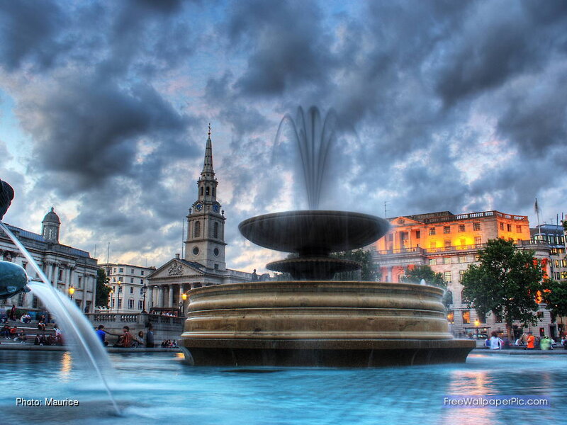 Fountain in City Square — Blue, Dramatic