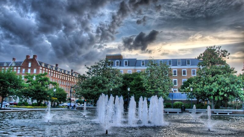 Fountain in City Square — Gray, Dramatic
