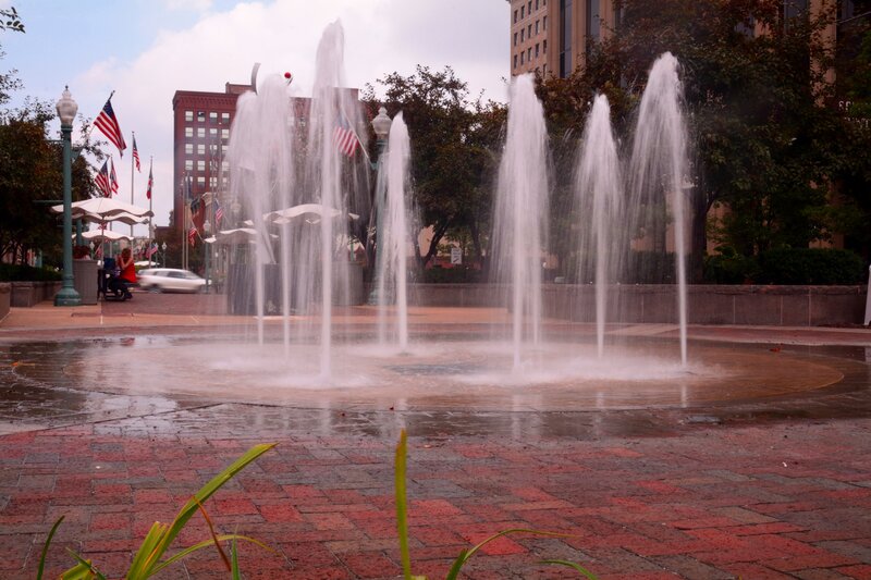 Fountain in City Square — Red, Calm