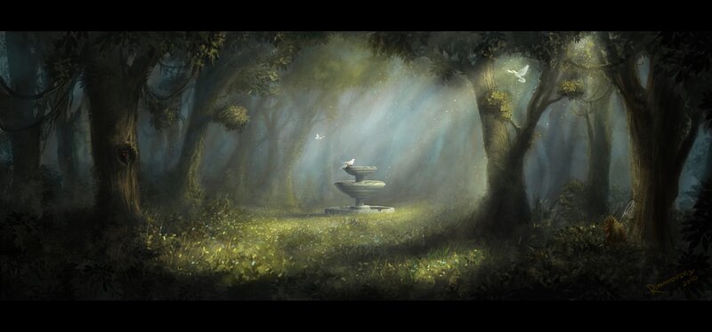 Fountain in Forest Clearing