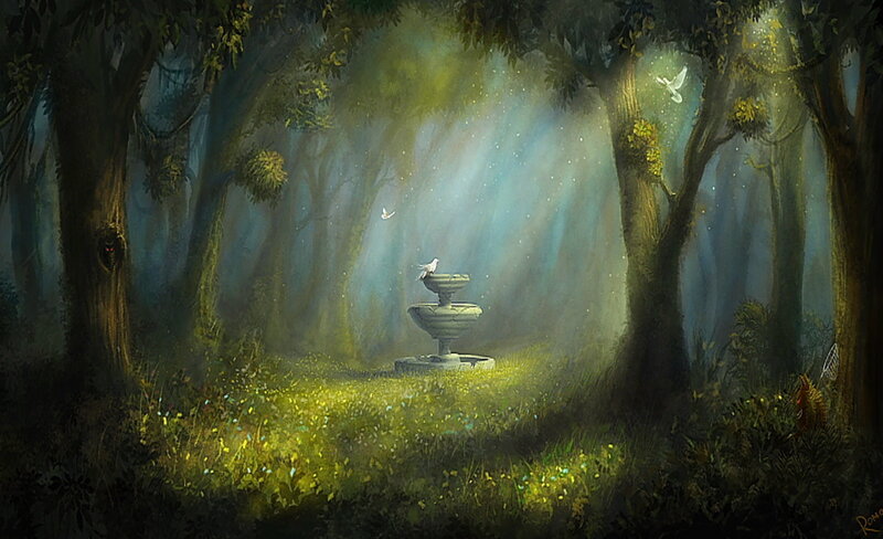 Fountain in Forest — Green, Serene, Morning