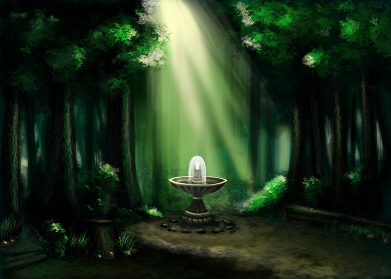 Fountain in Forest — Green, Serene, Night