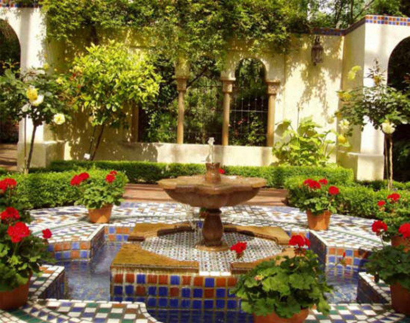 Fountain in Garden — Blue, Serene, Afternoon