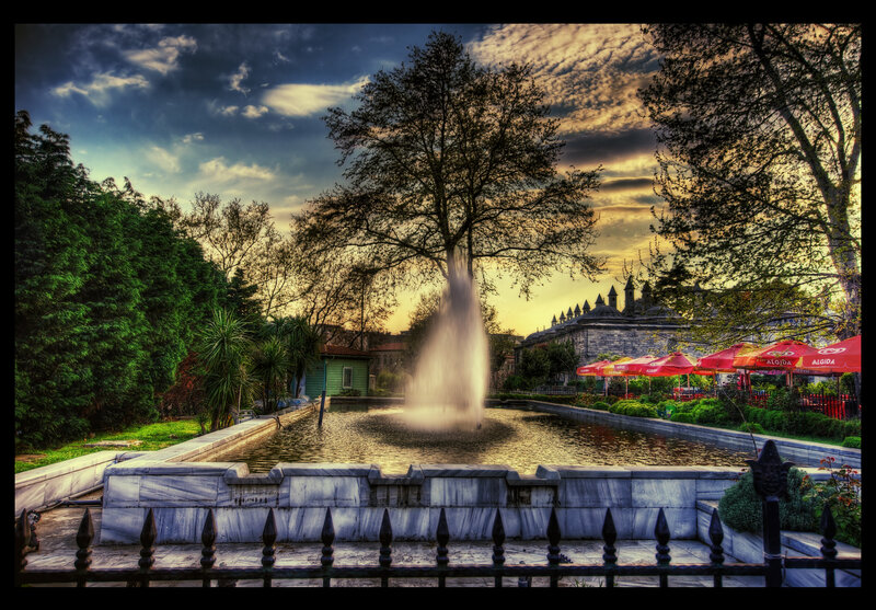 Fountain in Garden — Green, Dramatic