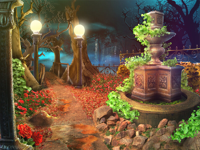 Fountain in Garden — Green, Mysterious, Night