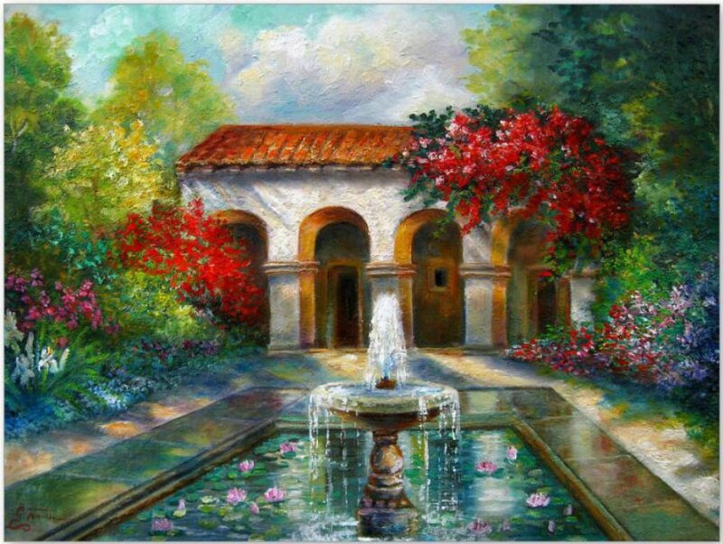 Fountain in Garden — Green, Serene, Afternoon, Painting, Building, Flowers