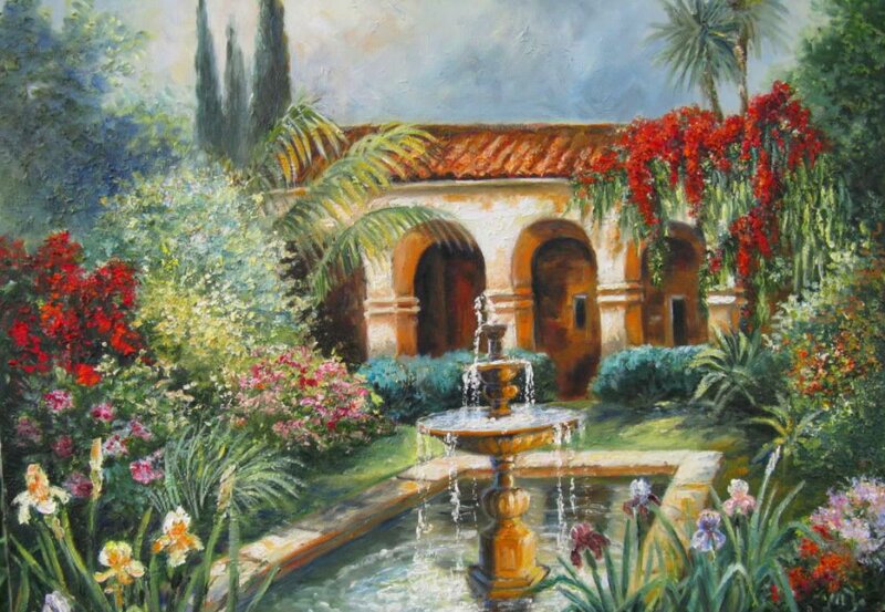 Fountain in Garden — Green, Serene, Afternoon, Painting, Building