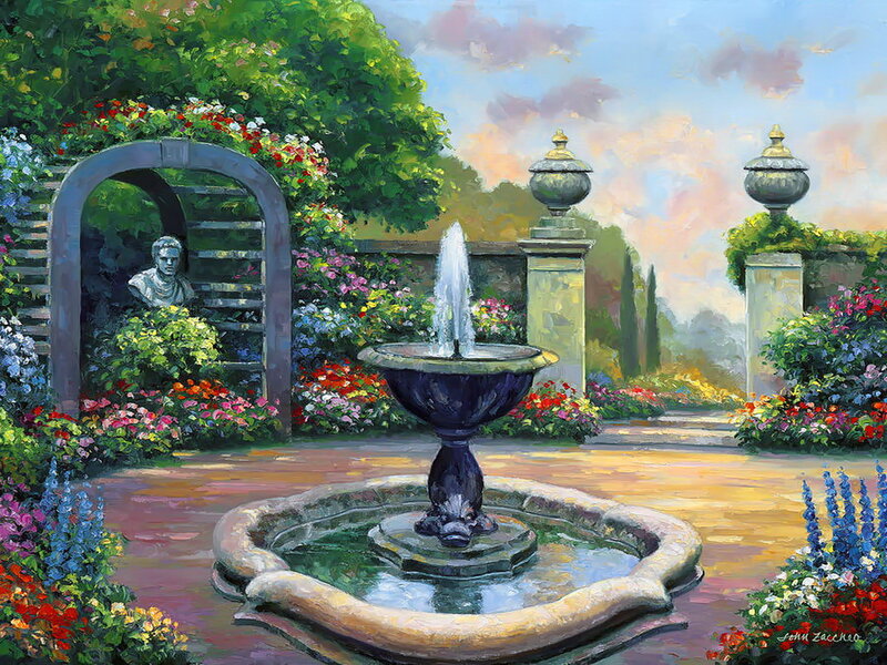 Fountain in Garden — Green, Serene, Afternoon, Painting, Statue