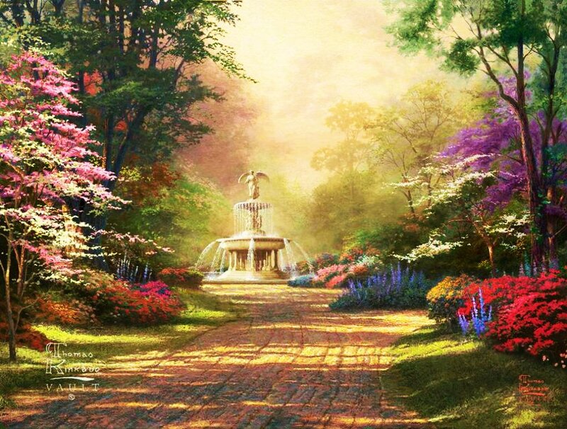 Fountain in Garden — Green, Serene, Afternoon, Painting, Statue, Trees