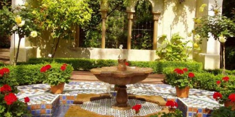 Fountain in Garden — Green, Serene, Afternoon, Photograph, Flowers, Hedges