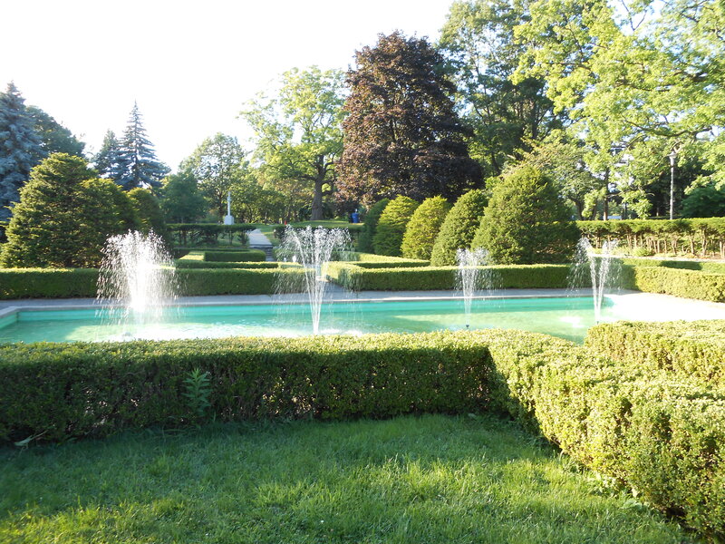 Fountain in Garden — Green, Serene, Afternoon, Photograph, Hedges