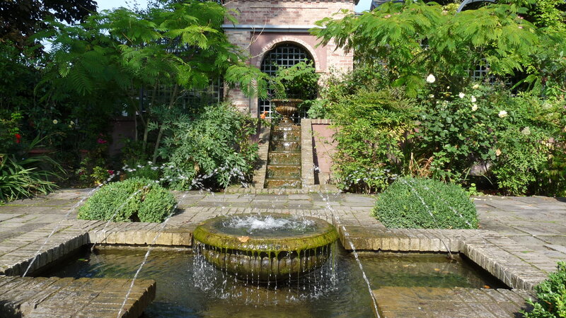 Fountain in Garden — Green, Serene, Afternoon, Photograph, Plants