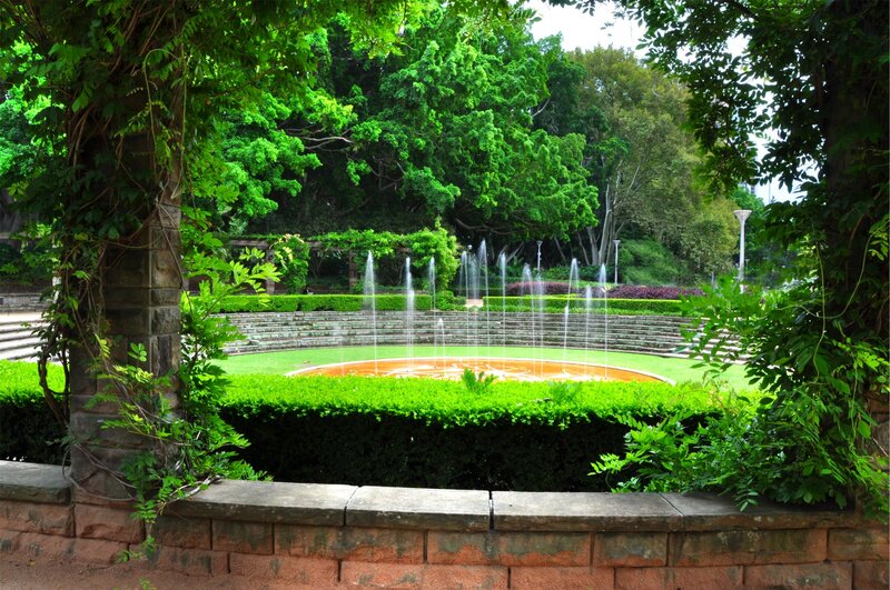 Fountain in Garden — Green, Serene, Afternoon, Photograph, Trees