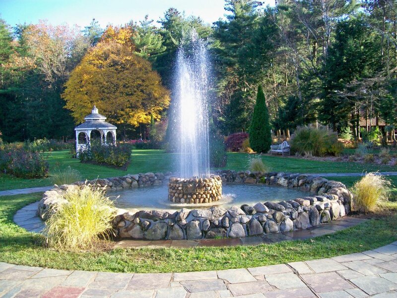 Fountain in Garden — Green, Serene, Autumn, Photograph