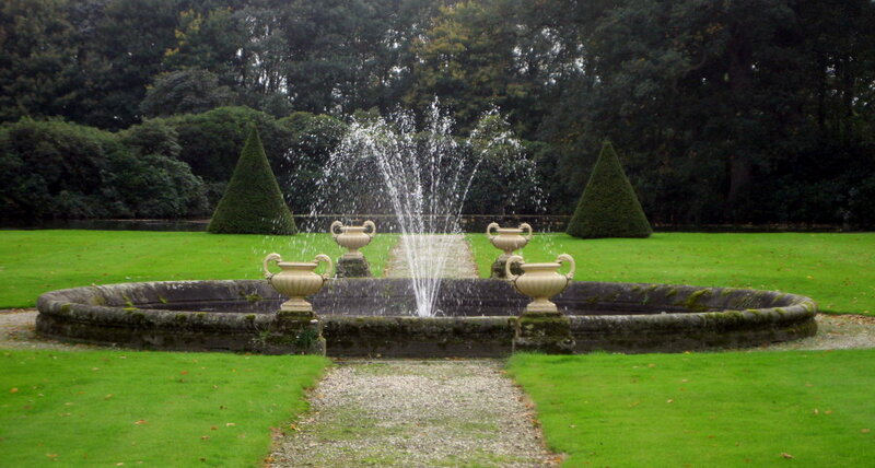 Fountain in Garden — Green, Serene, Autumn, Photograph, Urns