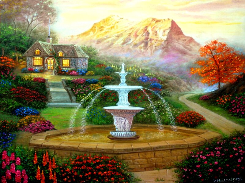 Fountain in Garden — Green, Serene, Sunset