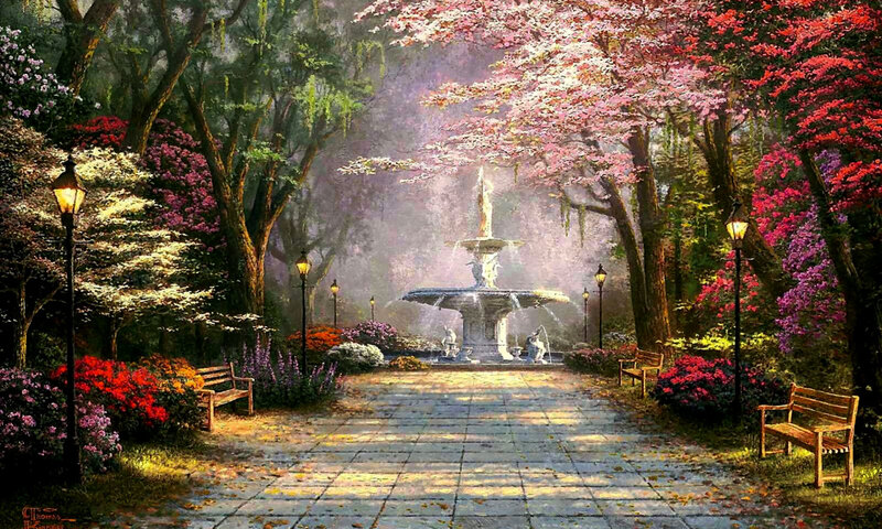 Fountain in Garden — Pink, Serene