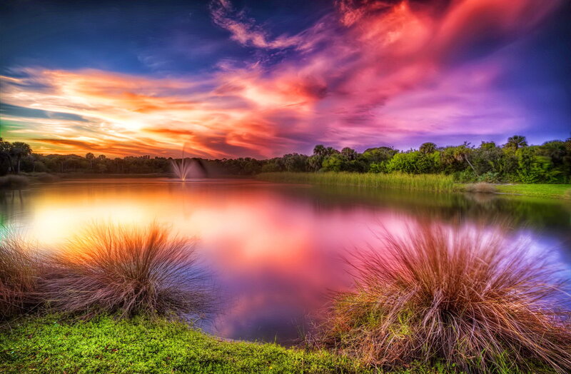 Fountain in Lake at Sunset — Purple