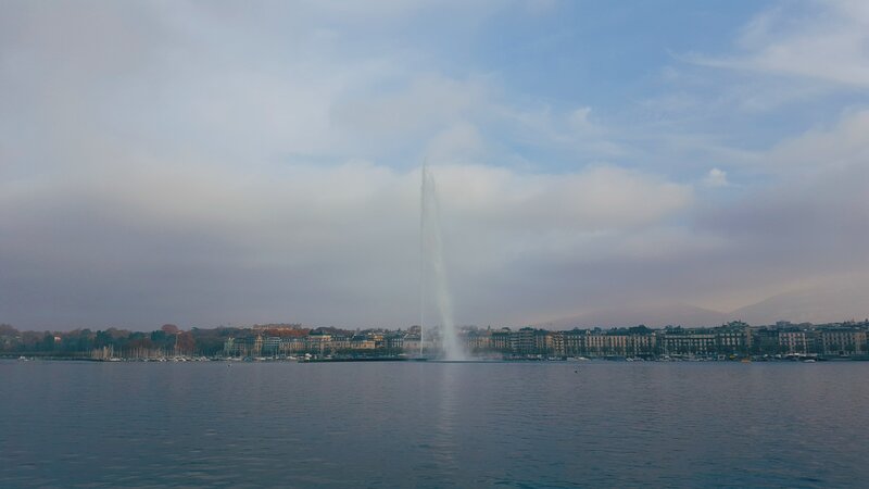 Fountain in Lake — Blue, Calm