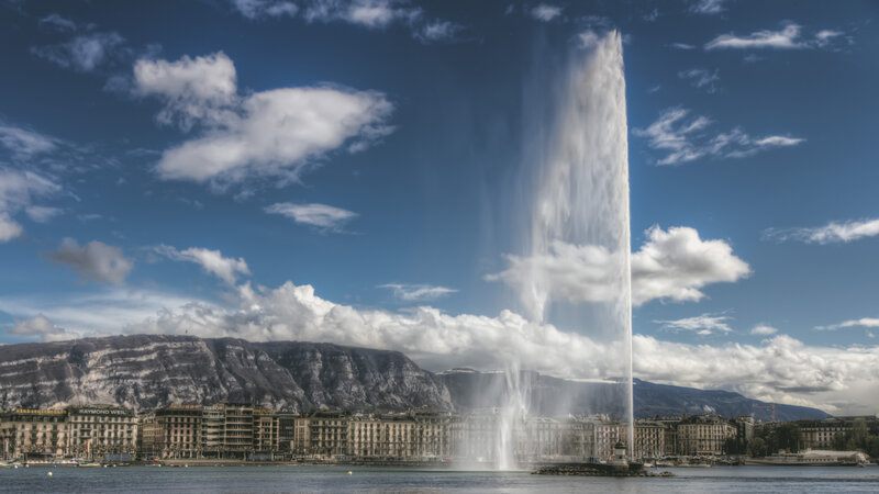 Fountain in Lake — Blue, Dramatic
