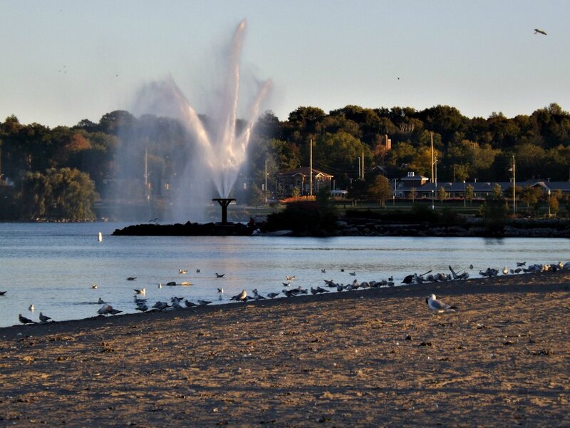 Fountain in Lake — Blue, Serene, Sunset