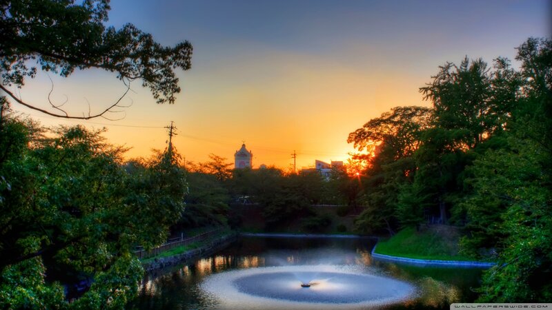 Fountain in Park at Sunset