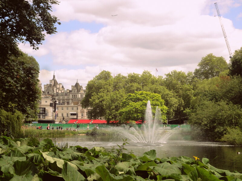 Fountain in Park — Green, Serene, Afternoon, Photograph, Trees, Building
