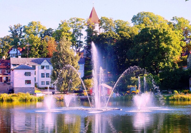 Fountain in Park — Green, Serene, Afternoon, Photograph, Trees, Buildings