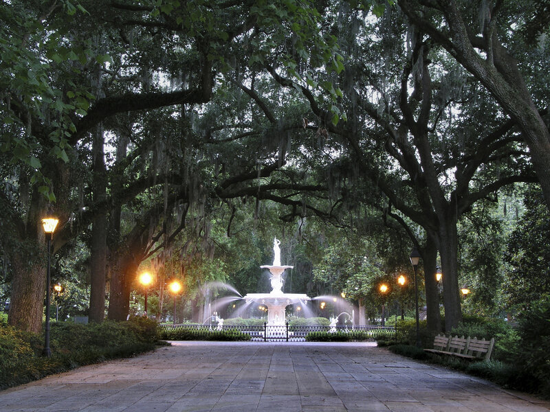 Fountain in Park — Green, Serene, Night