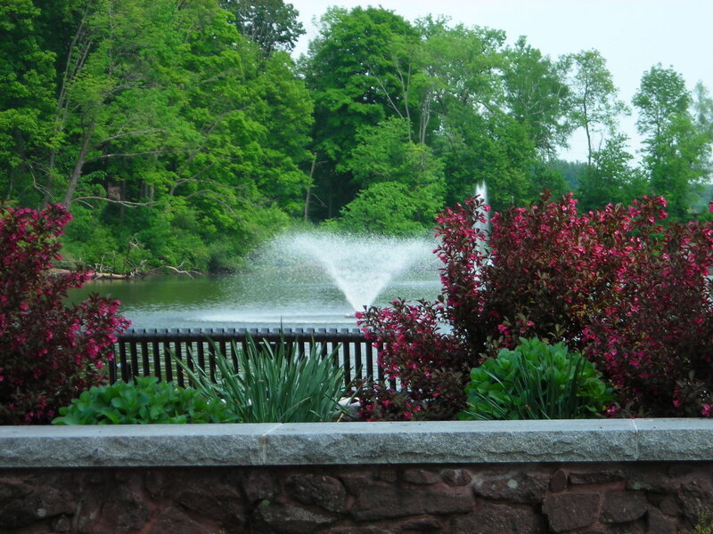 fountain in park with flowers