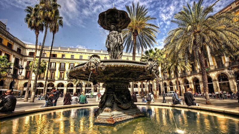 Fountain in Plaza — Blue, Dramatic, Afternoon