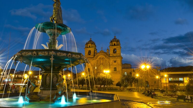 Fountain in Plaza — Blue, Dramatic
