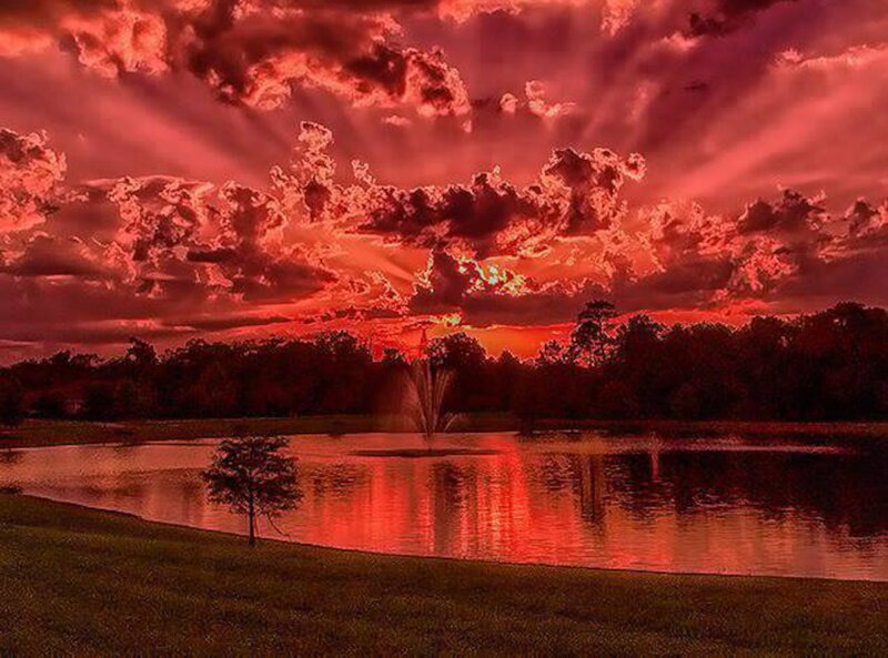 Fountain in Pond at Sunset — Red