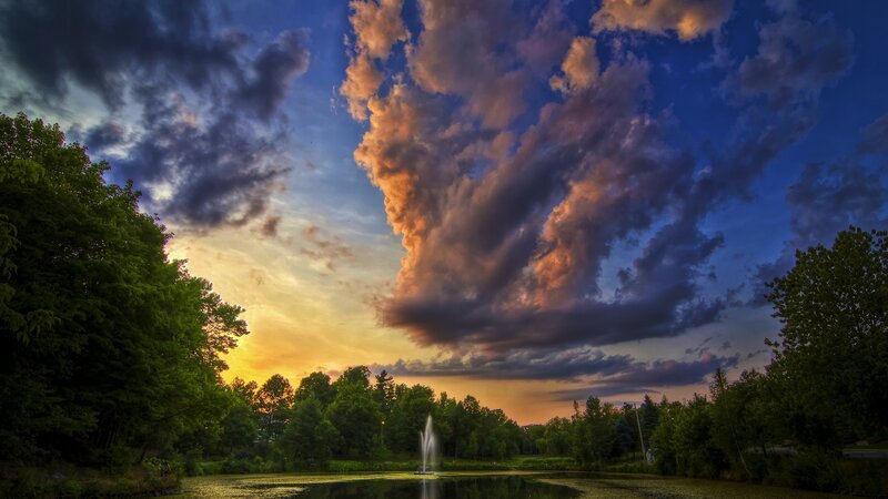Fountain in Pond — Blue, Dramatic