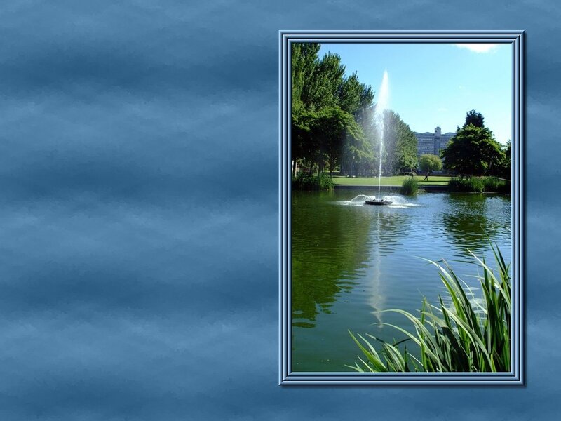 Fountain in Pond — Blue, Serene, Afternoon, Photograph